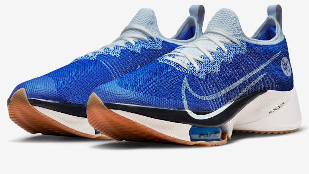 View of blue Nike running shoes.